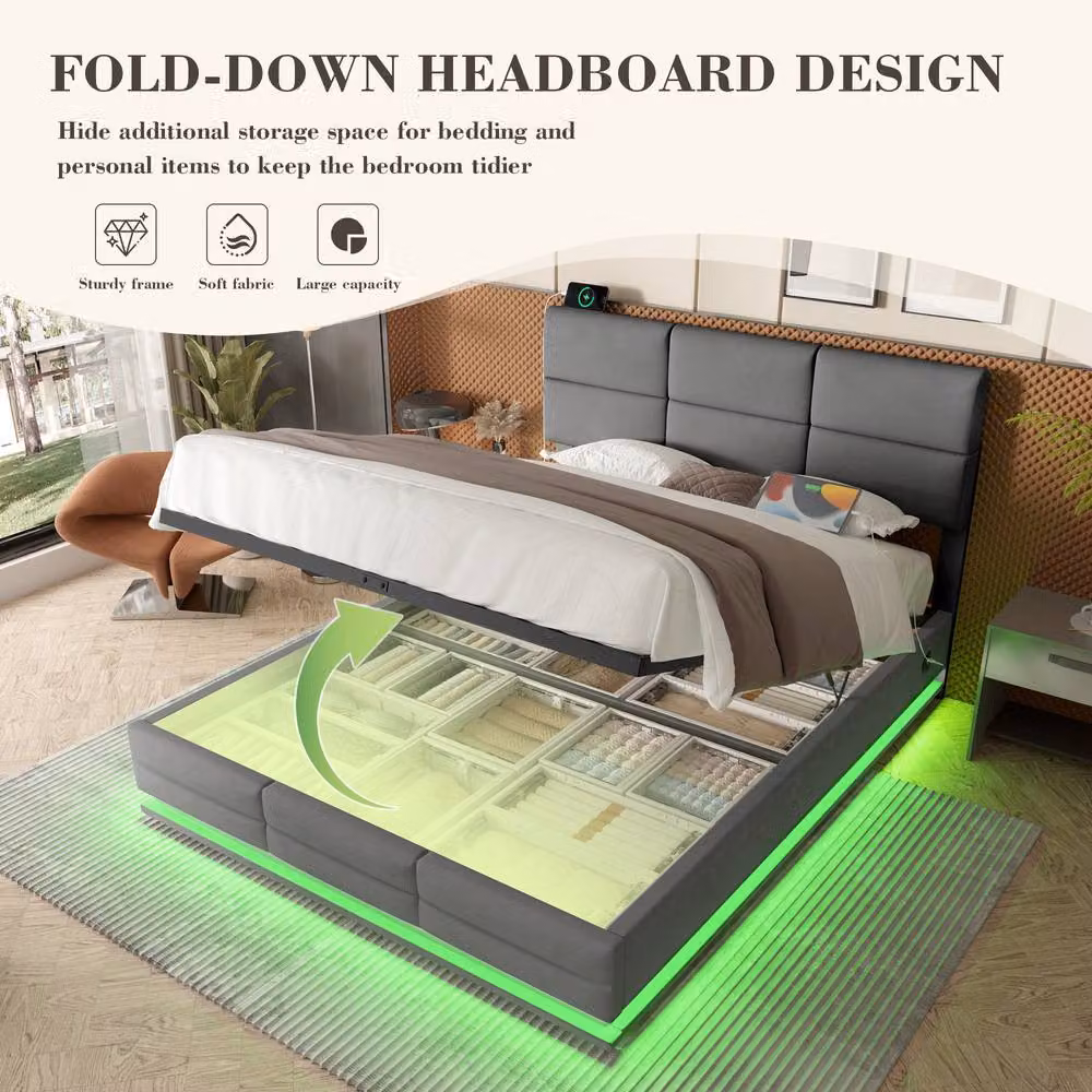BTM Double Velvet Upholstered Hydraulic Storage Bed with LED and USB Type-C Charging Port, Grey, W: 135 cm, L: 190 cm – 6