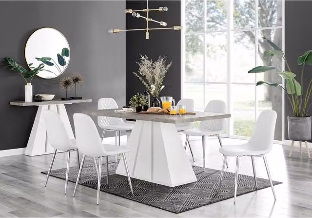 FurnitureboxUK Athens Grey Concrete Effect Rectangular Dining Table and 6 Corona Silver Chairs in White