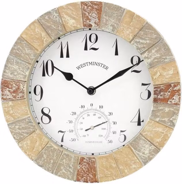 VOGREX Large Round Outdoor Garden Wall Clock and Thermometer with Retro Slate Effect and Quartz Movement, Multicolour, Diameter: 25.4 cm