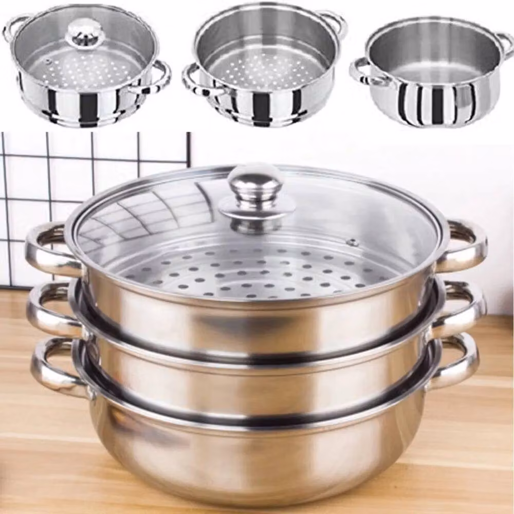 PAWNORA 3 Tier Stainless Steel Hob Steamer Pot with Glass Lid, Silver, Diameter: 28 cm – 3