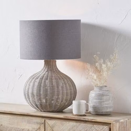 Ruma Round Rattan Table Lamp with Grey Cylinder Shade