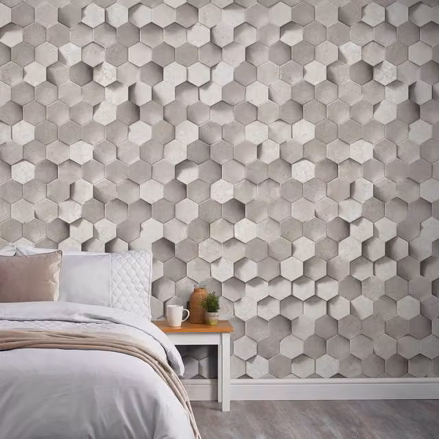 Grandeco Hexagon 3 Lane Repeatable Textured Wallpaper Mural in Grey