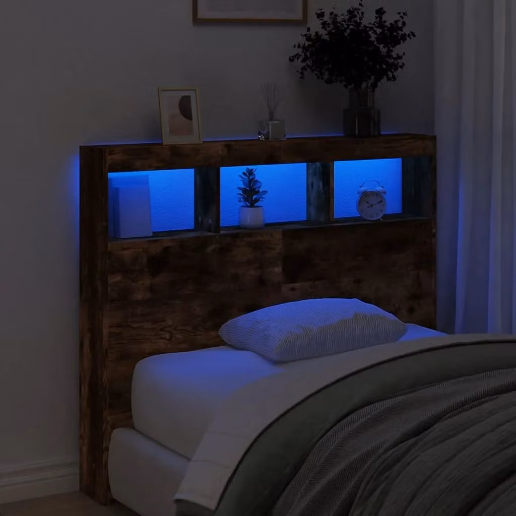 Berkfield Home Modern Smoked Oak Headboard Cabinet with LED Lighting and USB Charging Port, Brown, W/D/H: 120 x 17 x 102 cm – 4