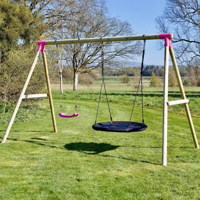Rebo Wooden Double Swing Set with Boat Swing in Pink