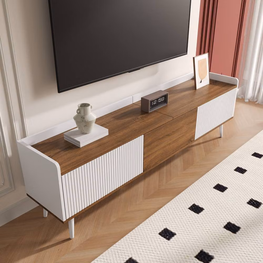 BTM 3-Door TV Stand in White and Wood, W: 160 cm, H: 49.5 cm, D: 39 cm – 4