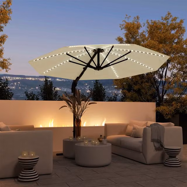 Outsunny 3m Garden Parasol with Lights and Crank Handle in White