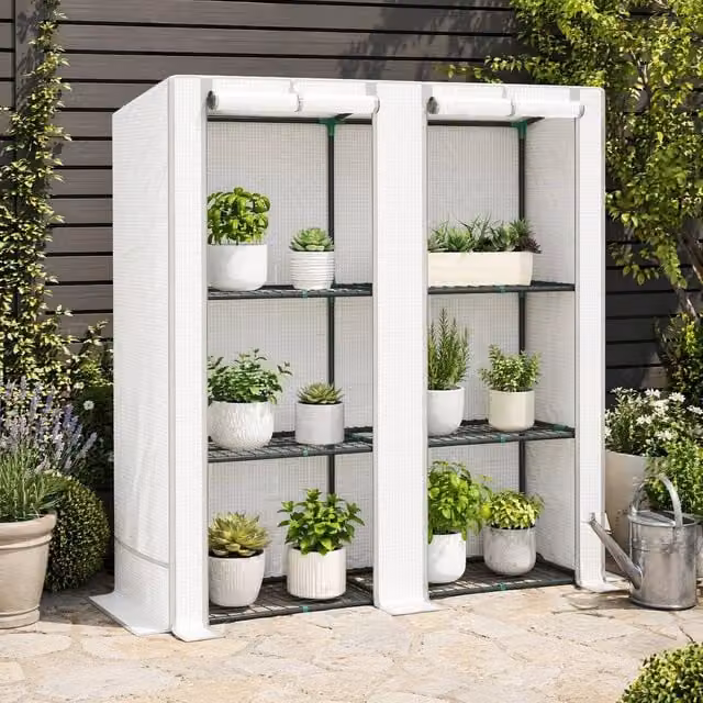 STILVORA 3 Tier Mini Greenhouse with Roll-Up Doors in White, H: 152 cm, W: 144 cm, D: 48 cm
