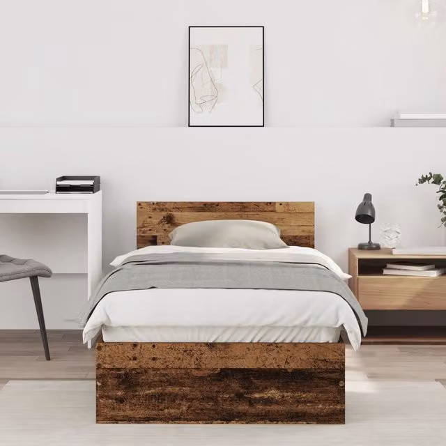 Berkfield Home Rustic Solid Wood Bed Frame with Headboard in Brown, W/D/H: 90 x 190 cm