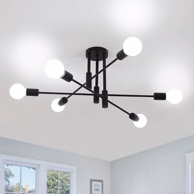 GOECO Industrial Retro Black Metal Ceiling Lamp with 6 E27 Lights