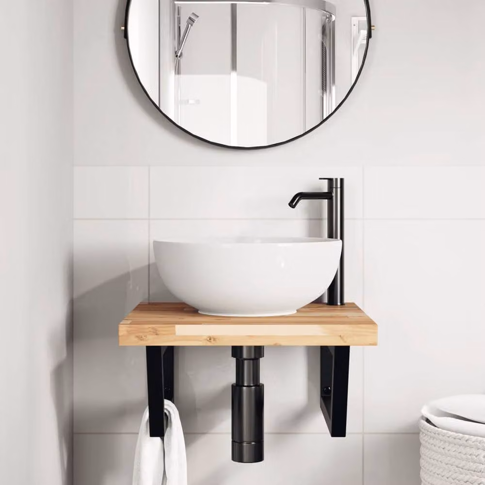 Berkfield Home Wall Mounted Basin Shelf in Brown Acacia Wood and Steel – 2