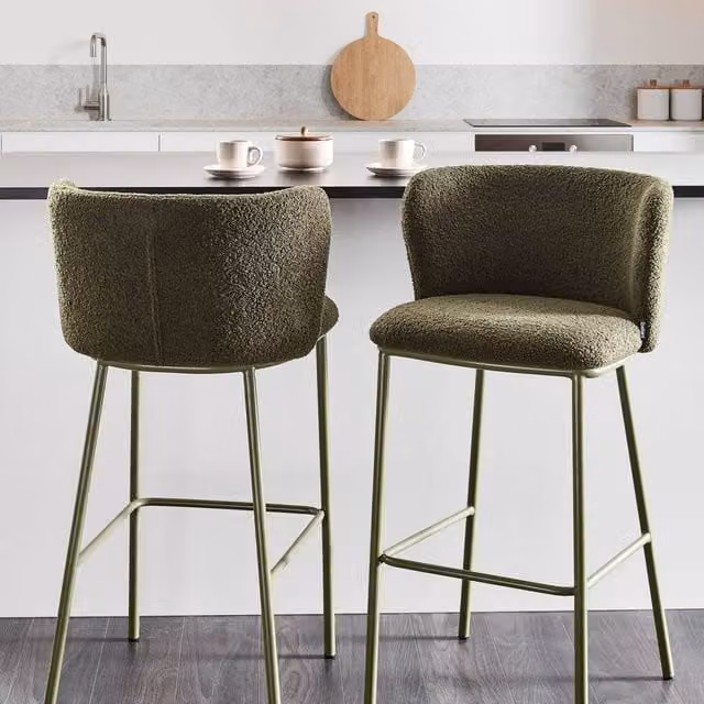 Wyld Haus Set of 2 Dark Green Boucle Bar Chairs with Black Powder Coated Metal Legs – 1