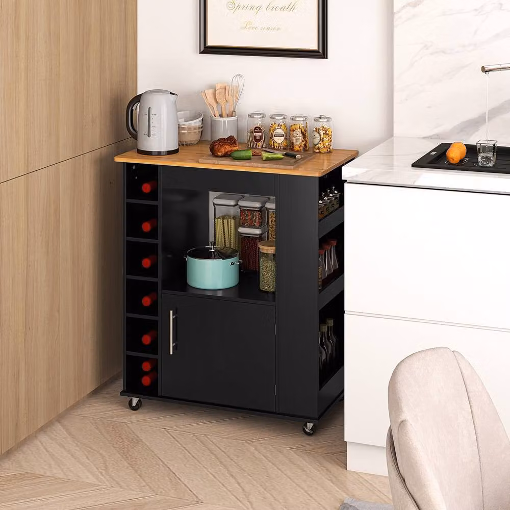 Gymax Black Kitchen Island Food Storage Cabinet Trolley Cart with 6 Wine Racks – 3