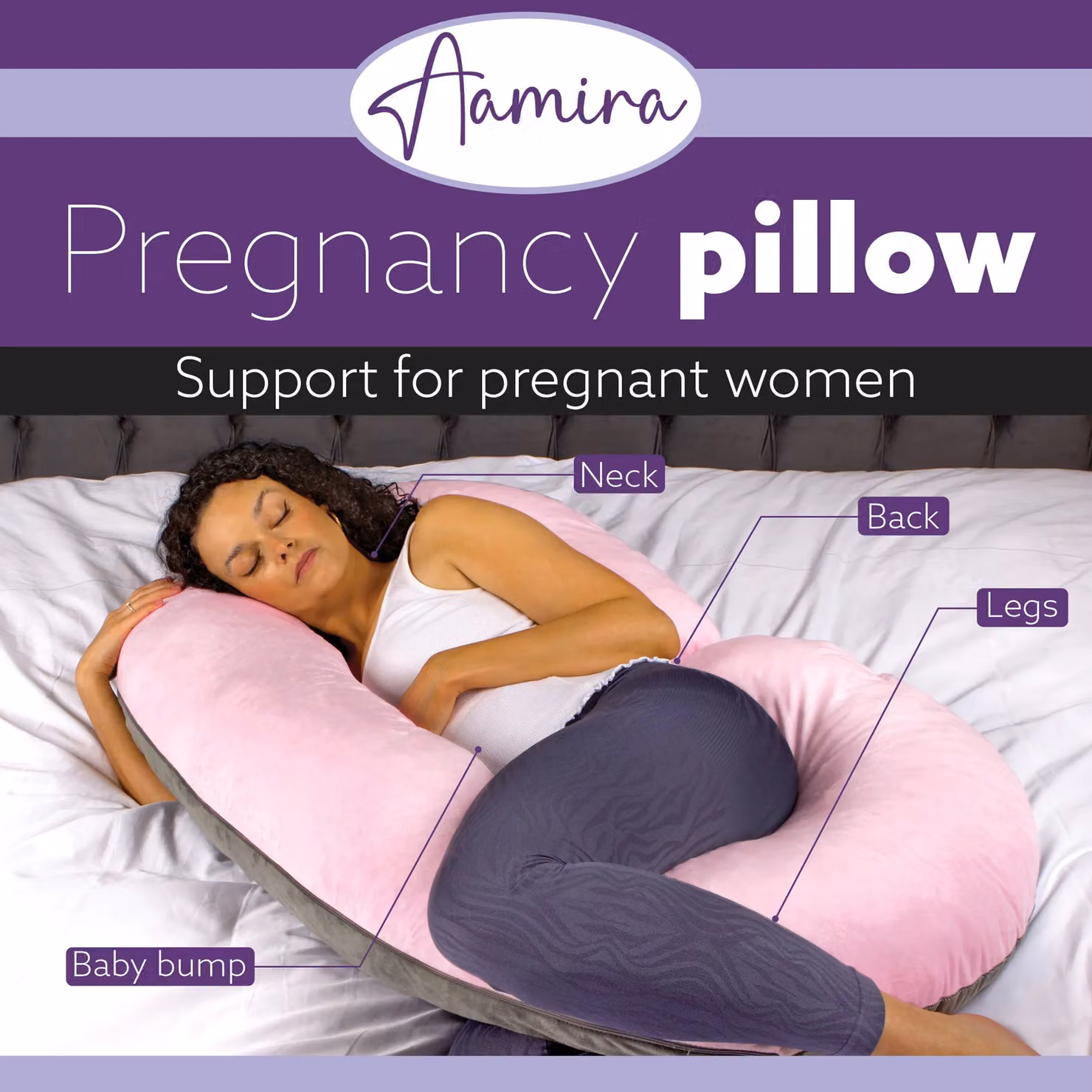 Aamira Pink and Grey C Shaped Pregnancy Pillow with Shredded Memory Foam, W/D/H: 140 x 65 x 20 cm – 2