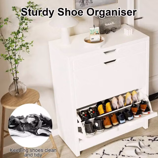 FLAVORA Modern White Wooden Shoe Cabinet with Tilting Compartments and Internal Shelves