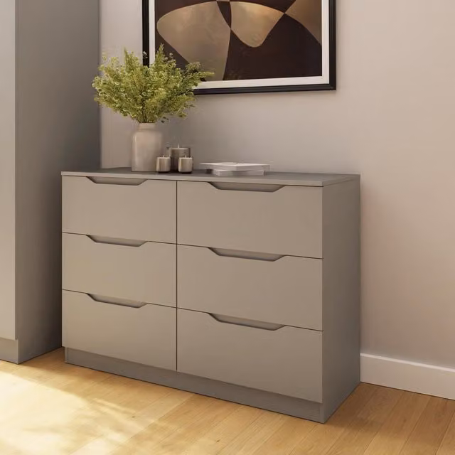 FWStyle Modern 6 Drawer Chest of Drawers with Central Runners and Recessed Handles in Matt Putty