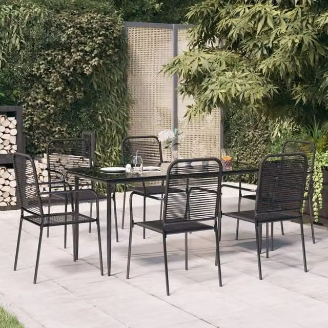 Berkfield Home 7 Piece Modern Garden Dining Set in Black Cotton Rope and Steel – 1