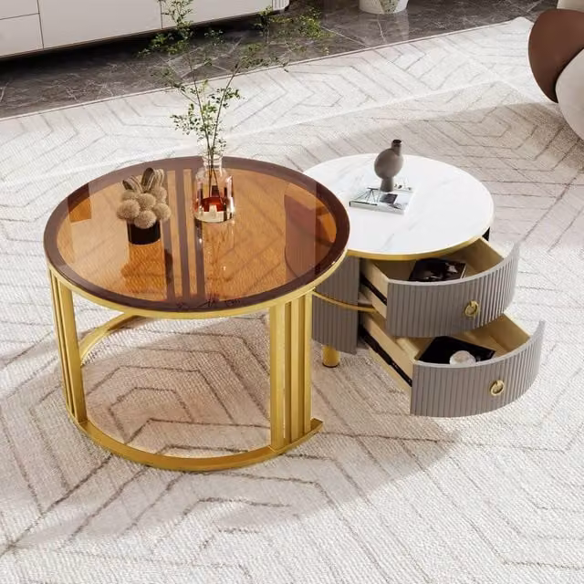 Merax Modern 2-Piece Nesting Coffee Table Set with Tempered Glass and Drawers in Grey and Brown