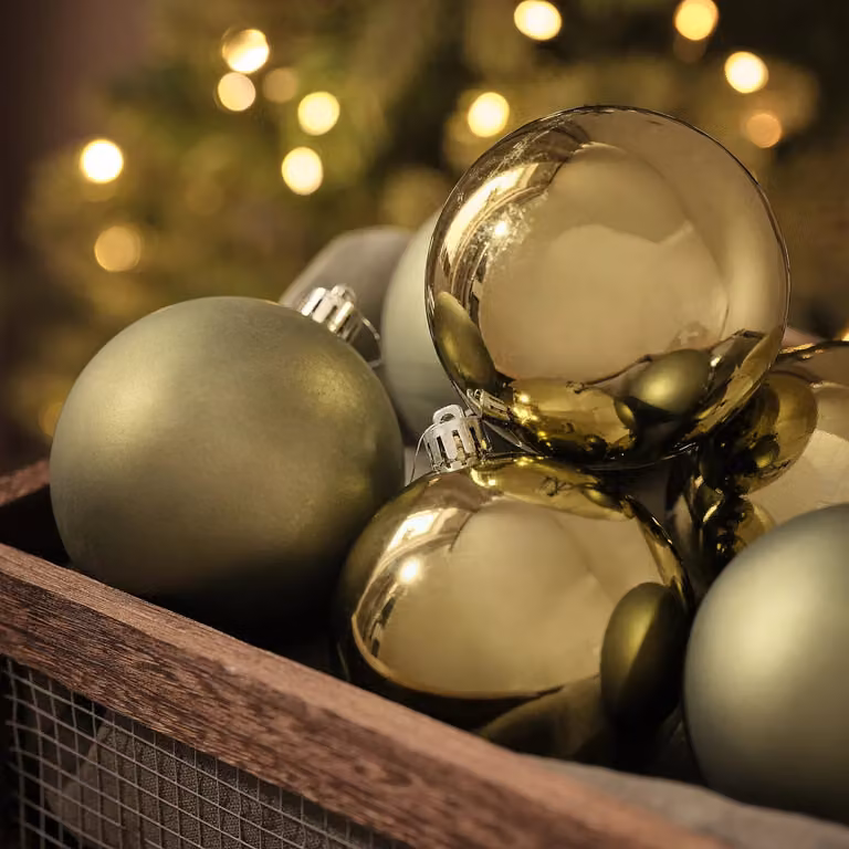 Set of 6 Large Round Green Glass Christmas Tree Baubles