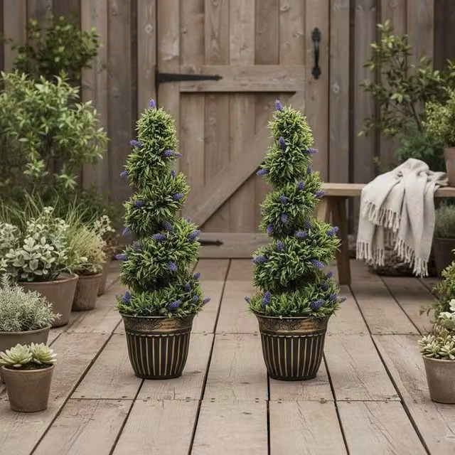 Wyld Haus Set of 2 Artificial Lavender Style Spiral Topiary Trees, Height: 90 cm, Dark Green – 1