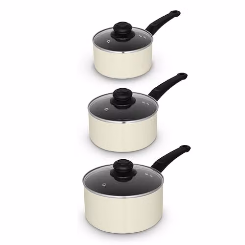 Swan Townhouse 3 Piece Ceramic Saucepan Set with Glass Lids and Bakelite Handles, Beige