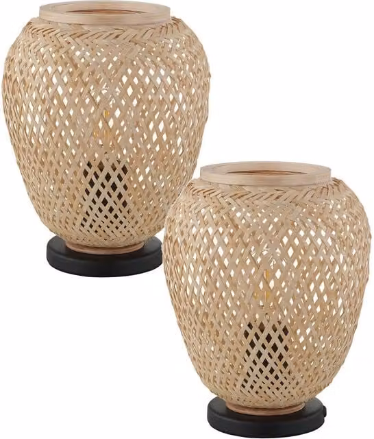Loops 2 Pack Table Lamps with Black Metal Base and Round Wood Rattan Shades, E27 Socket