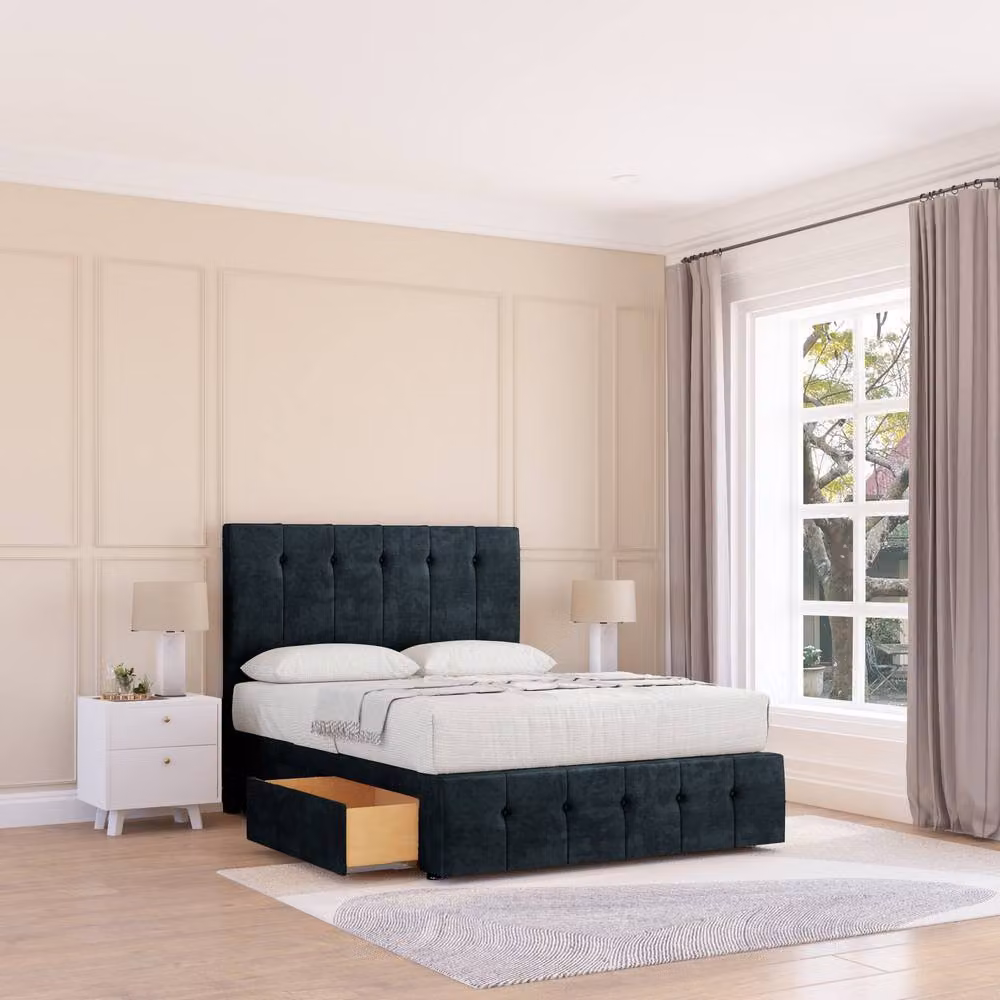 Sloomy Cambridge Naples Single Divan Bed Base with 2 Drawers, 54 inch Headboard and 12 inch Footboard in Black Velvet Fabric, W/D/H: 90 x 200 cm – 2
