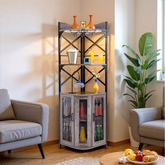 EONLION Grey 5-Tier Industrial Corner Wine Cabinet with Integrated Lighting and Glass Shelving