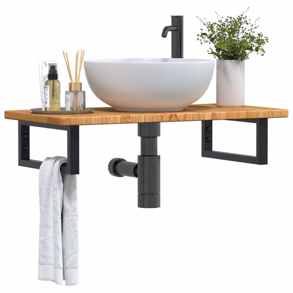 Berkfield Home Elegant Wall Mounted Basin Shelf in Brown Oak and Black Steel – 2