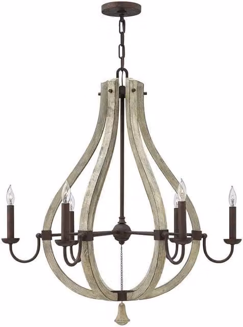 Elstead Middlefield 6 Light Suspended Chandelier in Brown and Grey with Wood and Metal Finish, E14