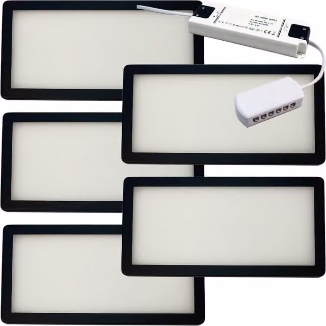 Loops 5x Matt Black Ultra-Slim Rectangular Under Cabinet Kitchen LED Light and Driver Kit with Warm White Diffused Light – 1