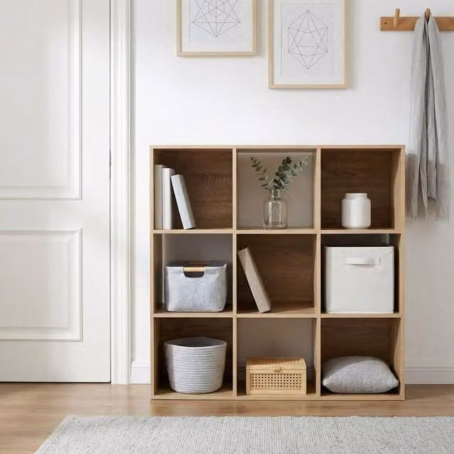 Home Garden Direct Jane 3x3 Cube Storage Box Bookshelf in Oak Brown with Adjustable Shelves