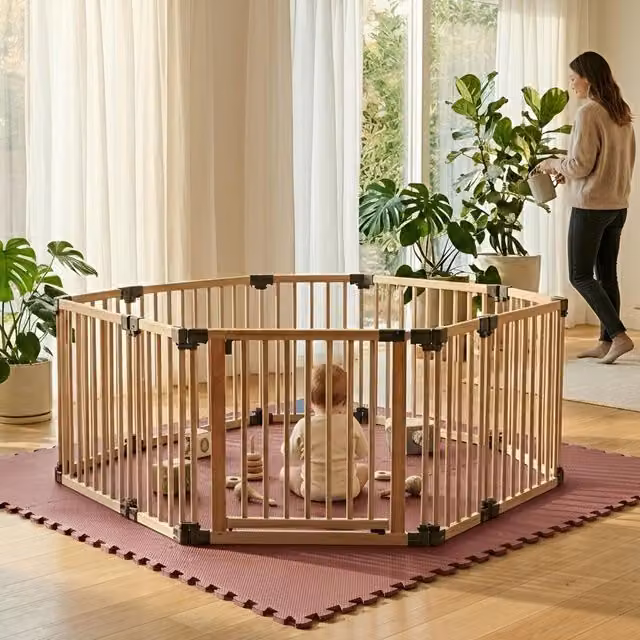 Safetots Hexagonal Wooden Play Den with Soft Foam Play Mat, Dusty Blue and Natural, W/D/H: 180 x 150 x 80 cm