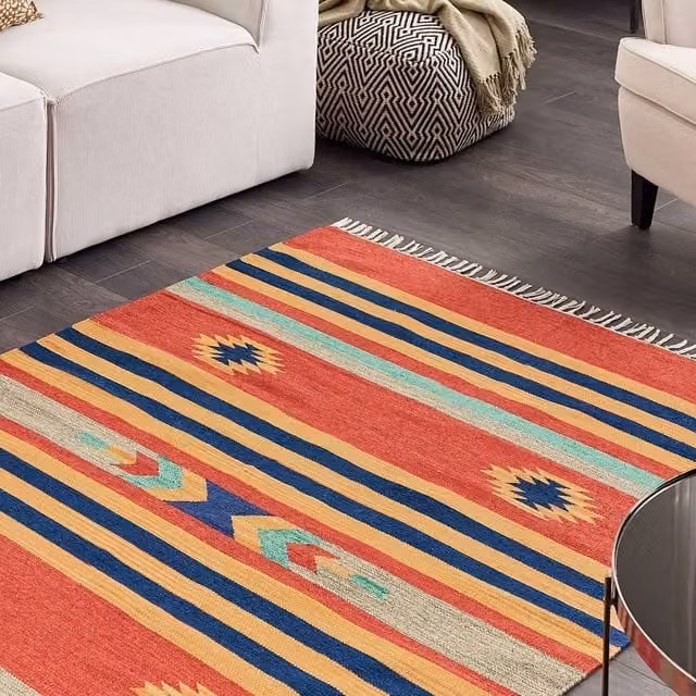 Wyld and Coco Multicolour Kilim Handwoven Cotton Rug, Reversible Flat Weave with Fringes, W: 140 cm, L: 200 cm – 1