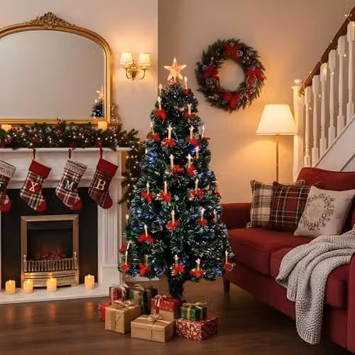 Shatchi 180cm Pre-Lit Fibre Optic Christmas Tree with Candle and Bow Decorations in Green with Multicolour Changing Lights – 4