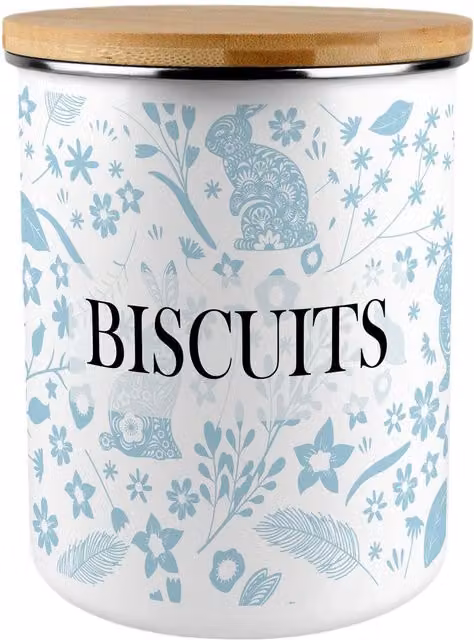 Purely Home Blue Wild Rabbits Extra Large Airtight Floral Biscuit Tin, Multicoloured Enamel and Metal with Bamboo Lid