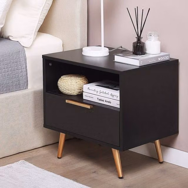 Wyld and Coco Modern Black MDF Bedside Table with Gold Metal Legs – 1