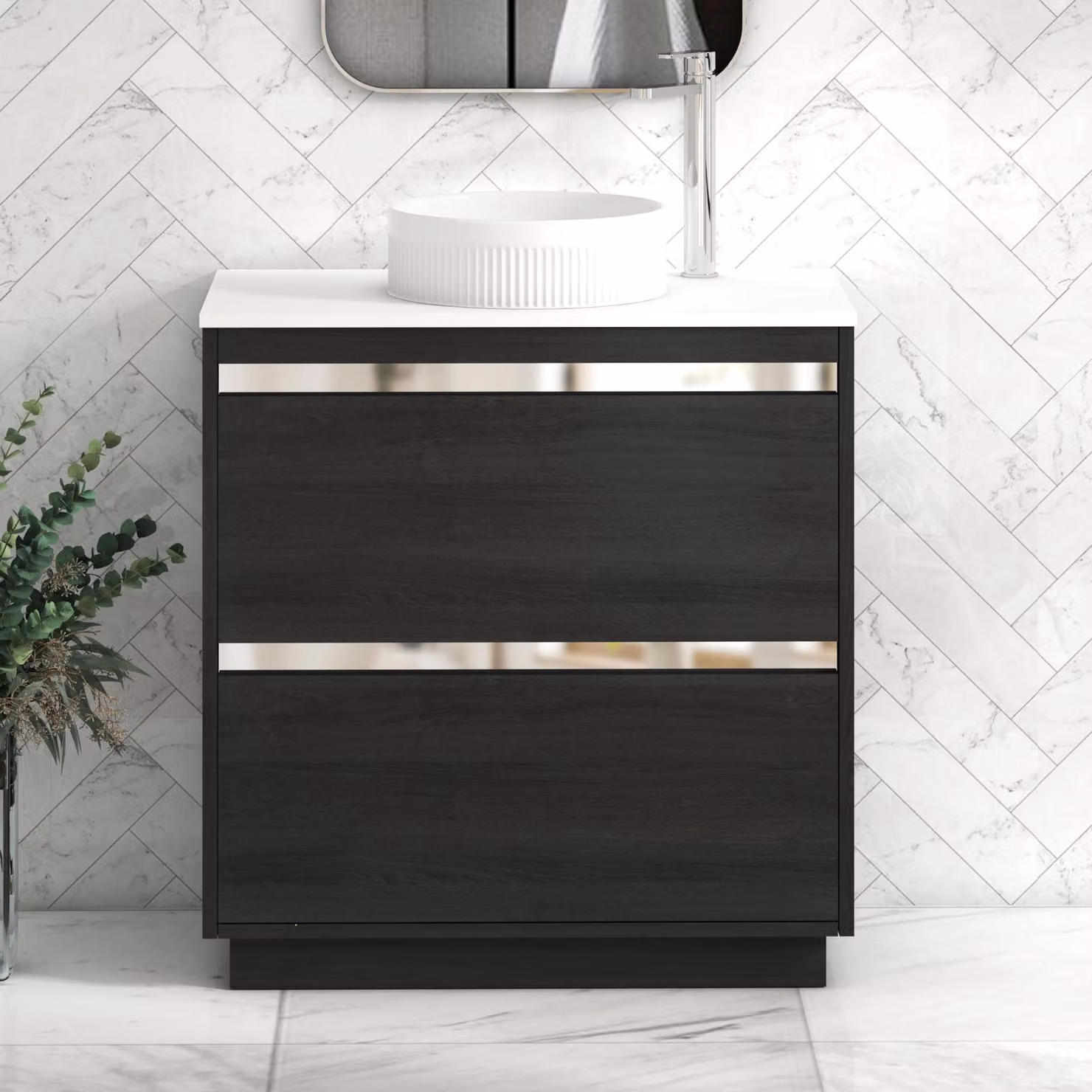 Royal Bathrooms Orion 800mm Hale Black Floor Standing Plain White Countertop Vanity Unit with 2 Drawers, Round Basin and Chrome Accent Trim