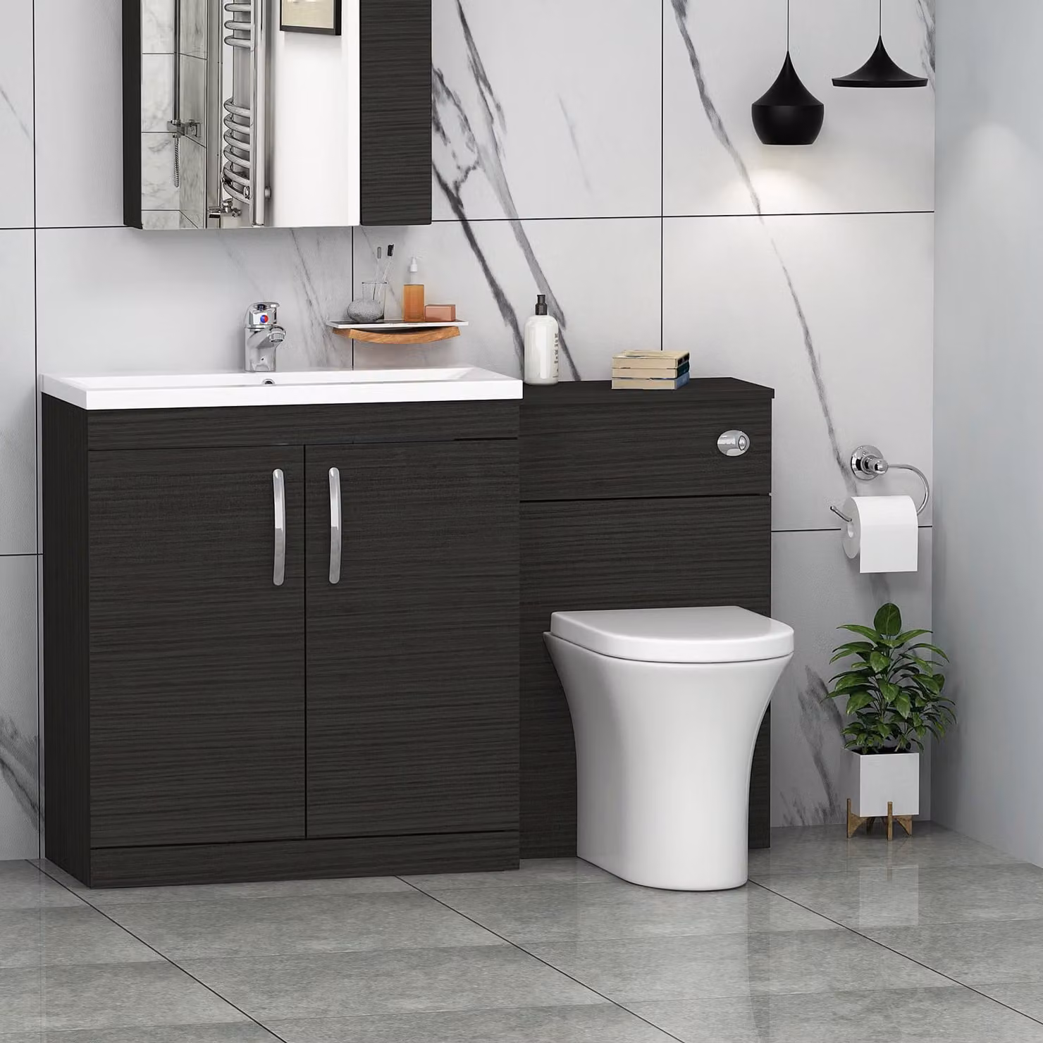 Royal Bathrooms Hale Black 2 Door Furniture Pack with Mid Edge Basin and Breeze Back to Wall Toilet, W: 130 cm