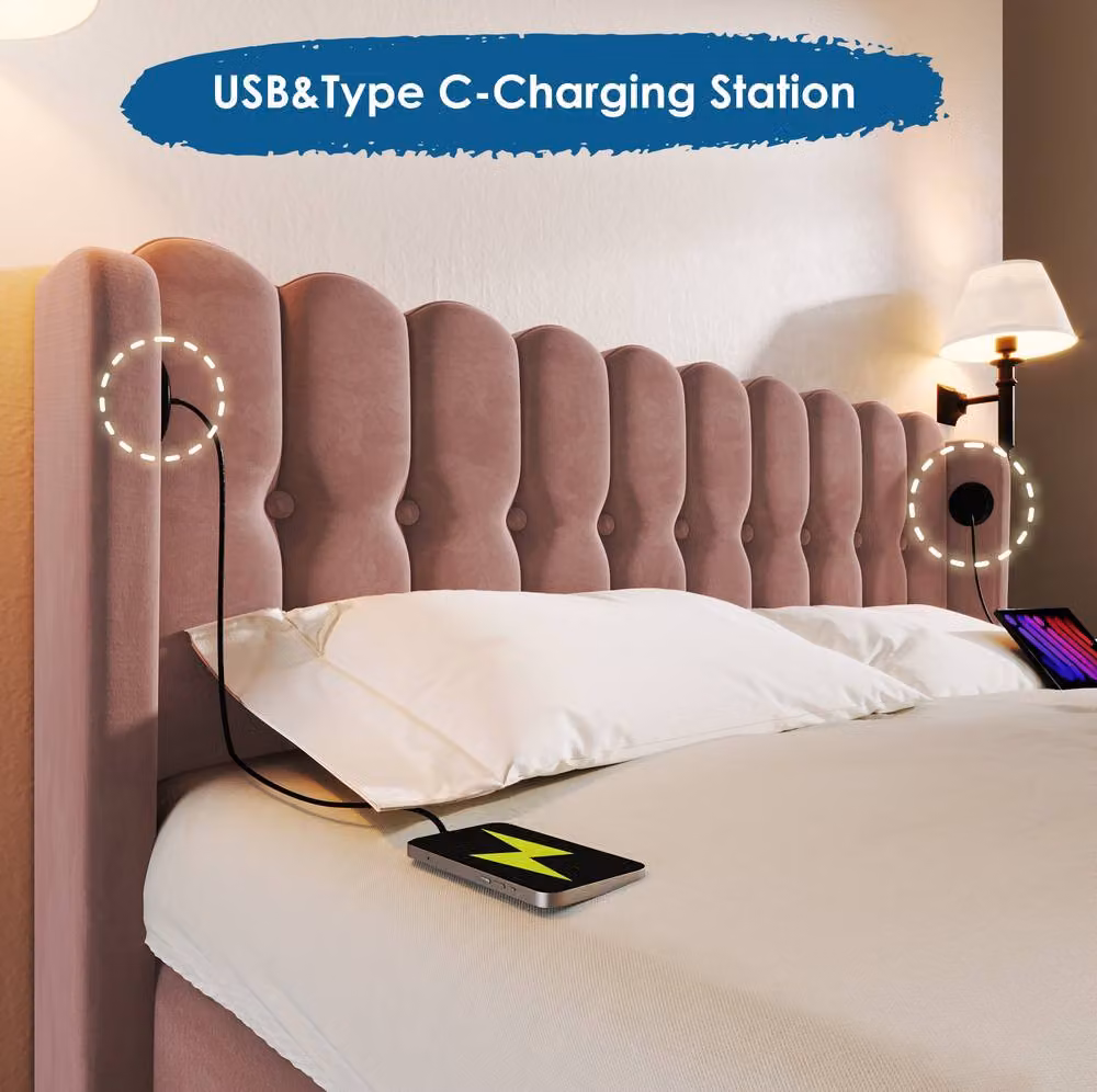 STILVORA Pink Velvet Upholstered Double Bed Frame with USB and Type-C Charging Ports, W/D/H: 140 x 200 x 103 cm – 4