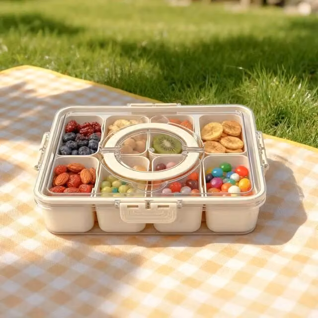 FLAVORA Snackle Box with 8 Divided Compartments and Snap Lid in Beige and Transparent Plastic – 1