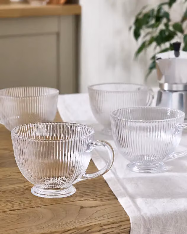 Dibor Set of 6 Embossed Footed Glass Coffee Mugs, 400ml, Clear – 2