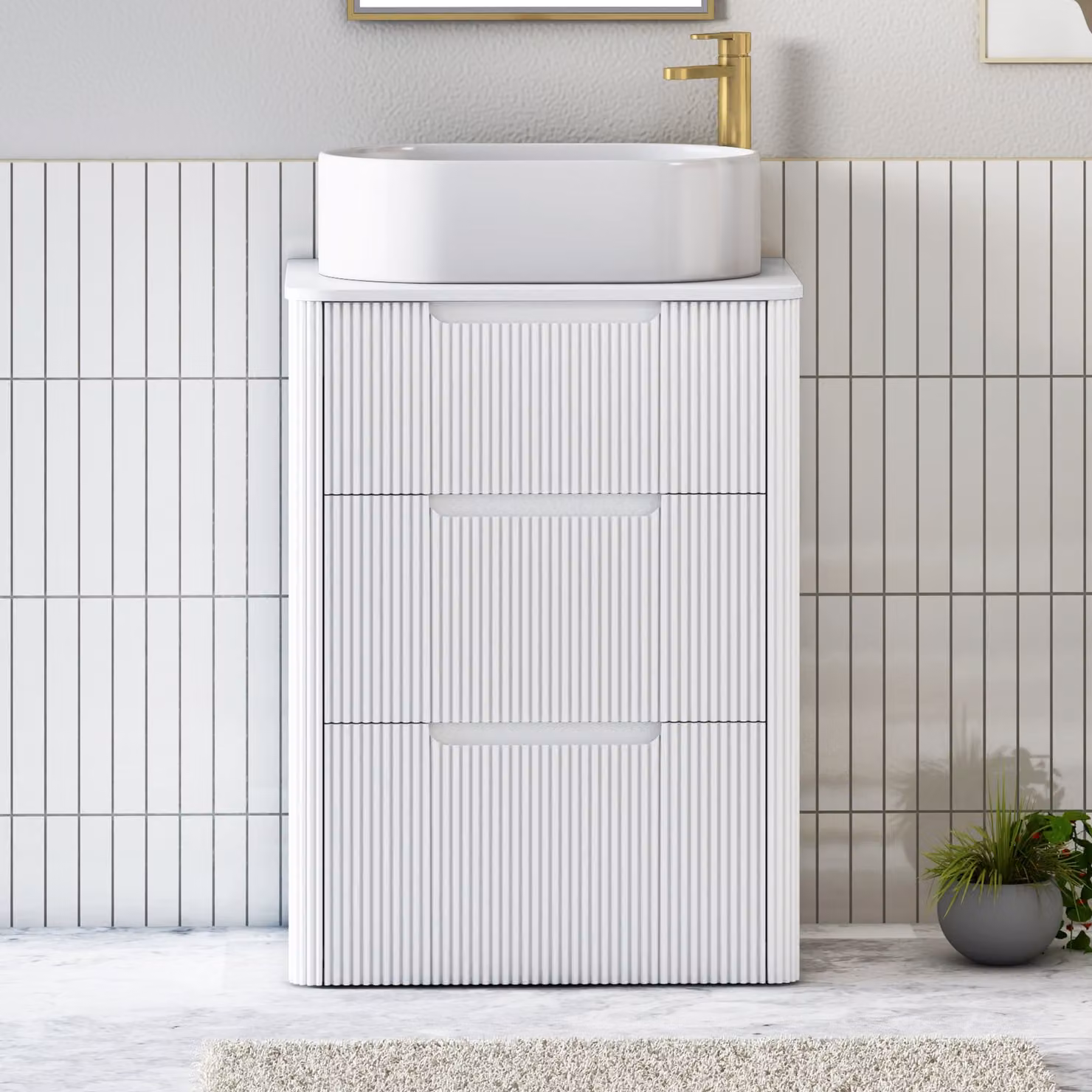Royal Bathrooms Avenza 600mm Matt White Floor Standing 3 Drawer Vanity Unit with Plain White Worktop and Peak Basin