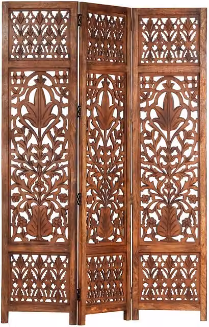 Berkfield Home Hand Carved 3-Panel Floral Room Divider in Brown Solid Mango Wood, W: 120 cm, H: 165 cm
