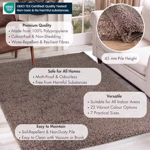Serdim Rugs Plain Shaggy Living Room Area Rug, Taupe, W: 120 cm, L: 170 cm – 3