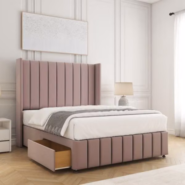 BSSPOKE Zoe Small Double Divan Bed in Pink Plush Velvet with 54 inch Headboard, 2 Drawers and Footend