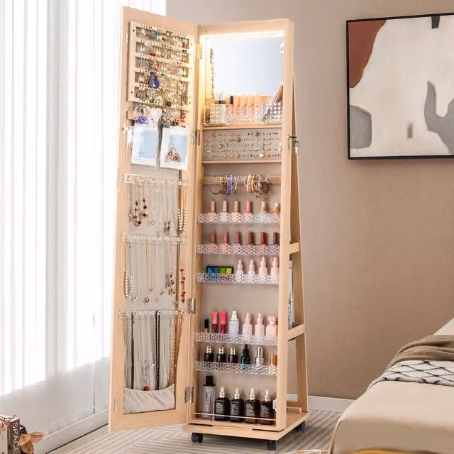 Costway 3-in-1 Jewelry Armoire with 360 Degree Swivel Mirror and LED Lighting in Natural Sand – 1