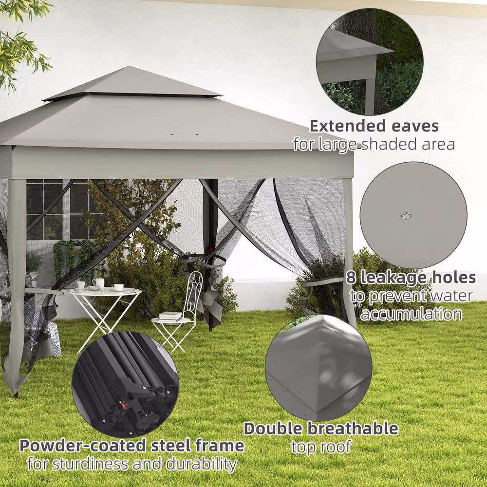 Rolipo Pop Up Gazebo with Double Roof and Netting, Dark Grey, W: 300 cm, D: 300 cm, H: 270 cm – 8