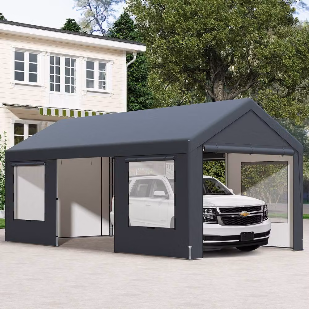 Gymax Grey Car Shelter Garage Canopy Tent with 8 Removable Sidewalls, W: 600 cm, D: 300 cm, H: 280 cm – 4