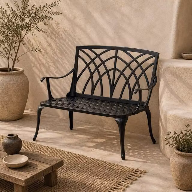 Wyld Haus Elsu 2 Seater Garden Bench in Black Cast Aluminium with Antique Finish – 1