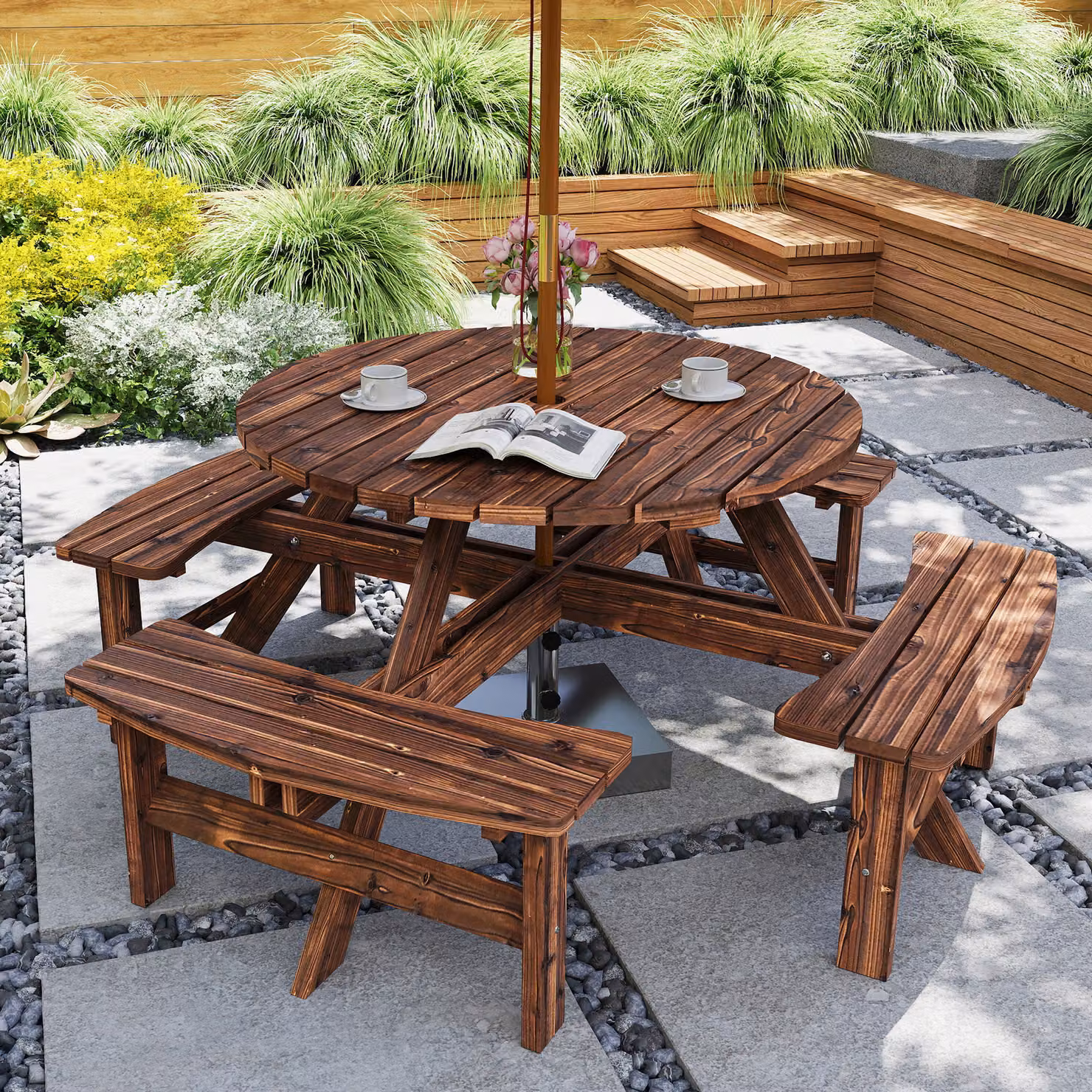 Outsunny 8 Seater Wooden Garden Dining Set with Round Picnic Table and Parasol Hole in Sand Brown – 2